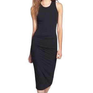 James Perse Standard Scoop Neck Sleeveless Ruched Black Midi Dress 3 LARGE